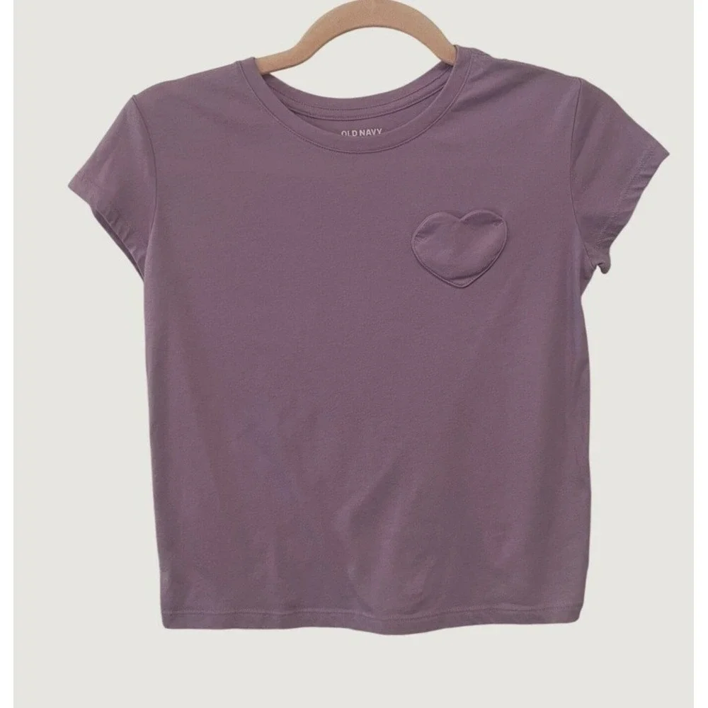 Old Navy Softest Tee Girls L 10-12 Purple Heart Patch Sleeve 1634